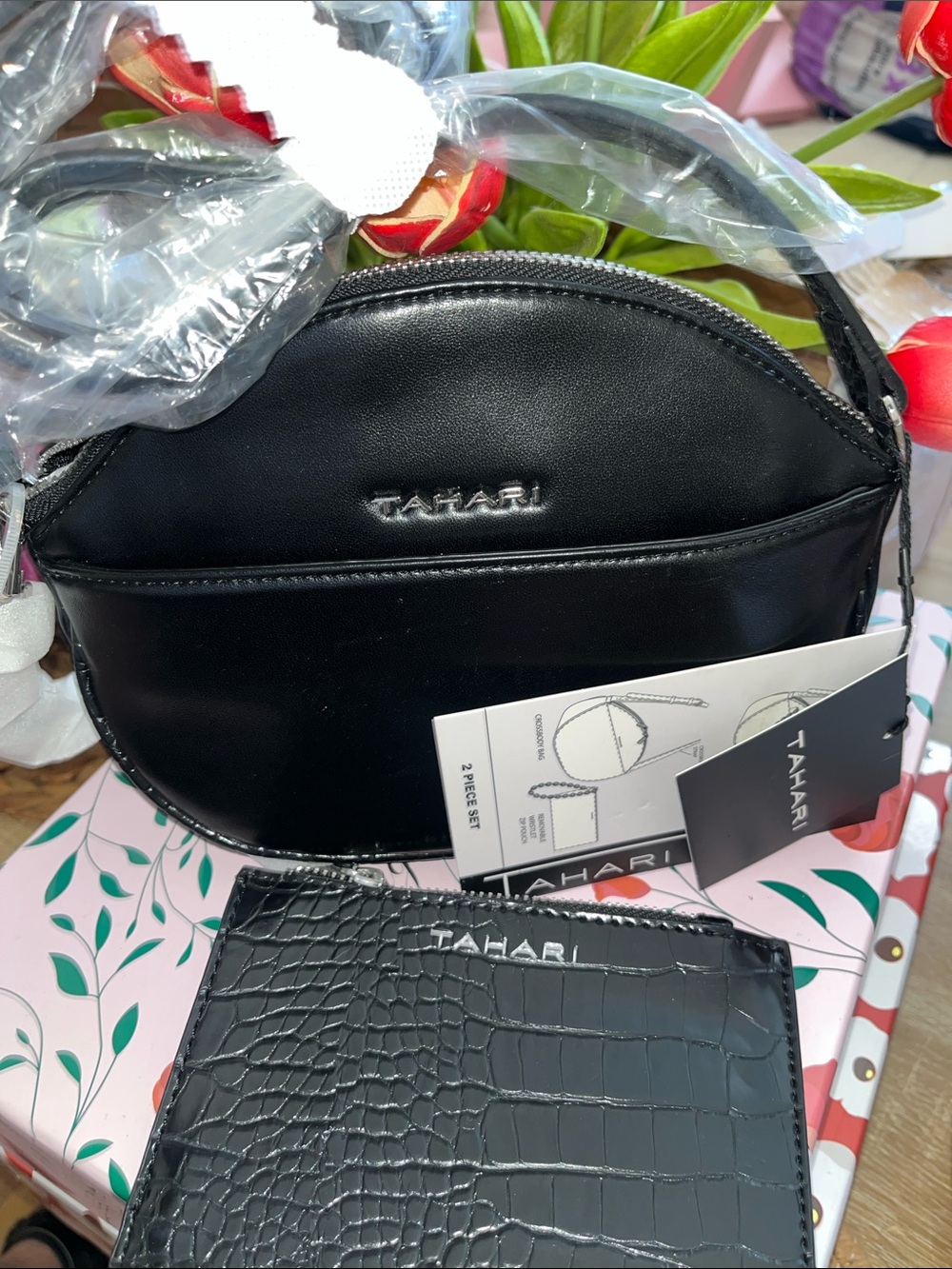 Tahari Black Faux Leather Crossbody Purse with Matching Cardholder